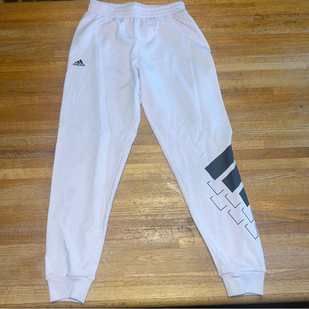 Adidas Youth LG (14) Light Pink Black Logo Fleece Elastic Cuff Jogger Sweatpants